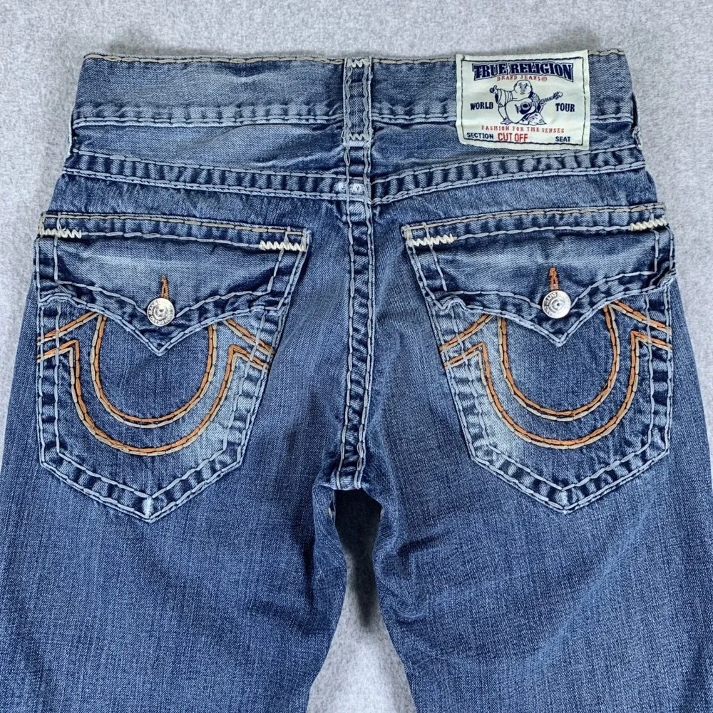 True Religion Cut Off Denim Shorts Mens 29 Blue Flap Pocket Straight Raw Hem